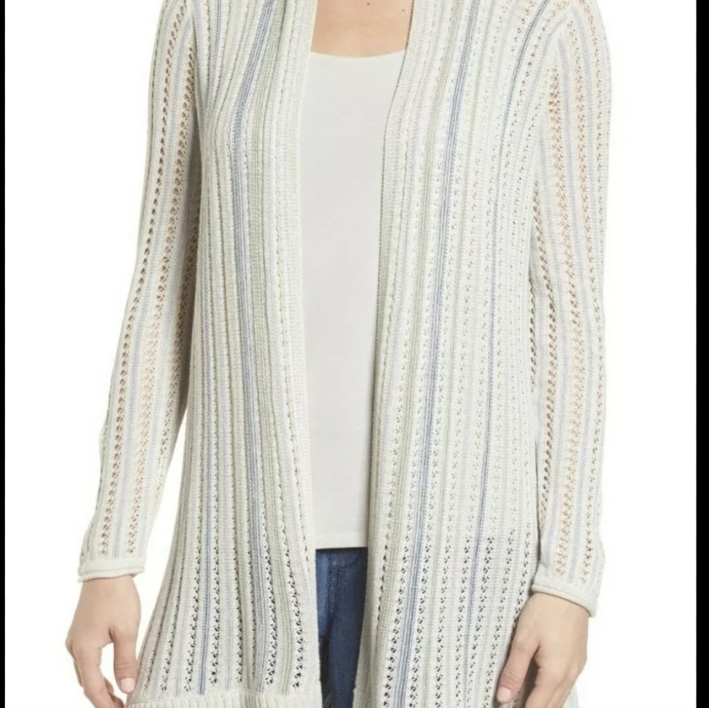 Nic+Zoe Open Front Pointelle Design cotton linen blend lightweight cardigan SzXL